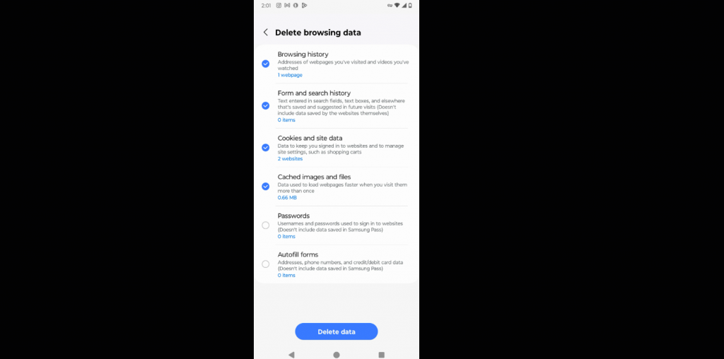 Опції «Очистити дані» та «Очистити кеш» для Samsung Internet