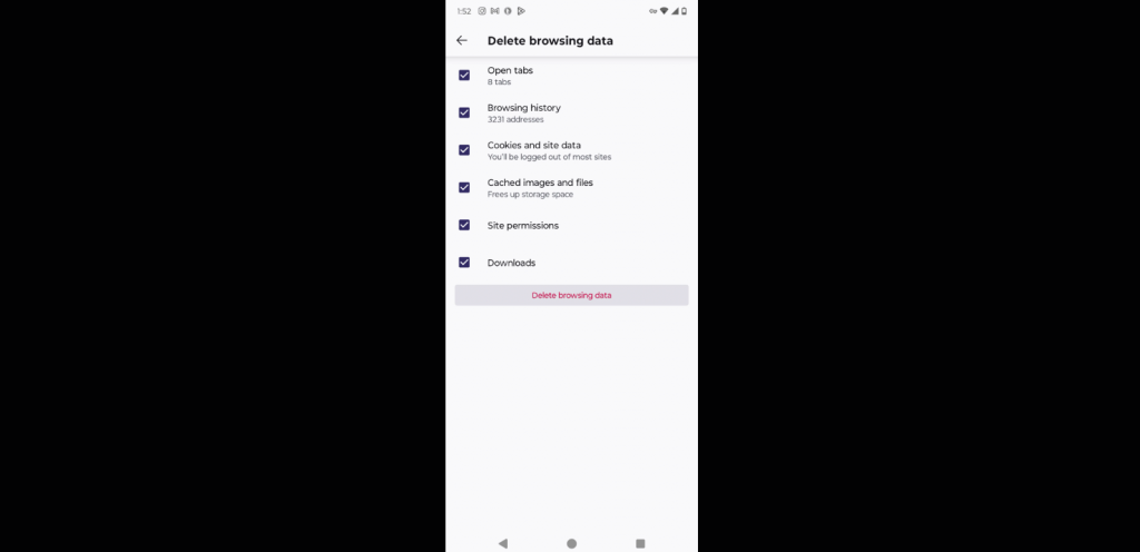 Меню «Видалити дані веб-перегляду» в Mozilla Firefox на Android