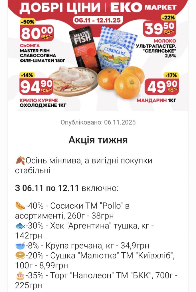 Акція тижня в ЕКО МАРКЕТ 6-12 листопада 2025: що можна купити зі знижкою 50%