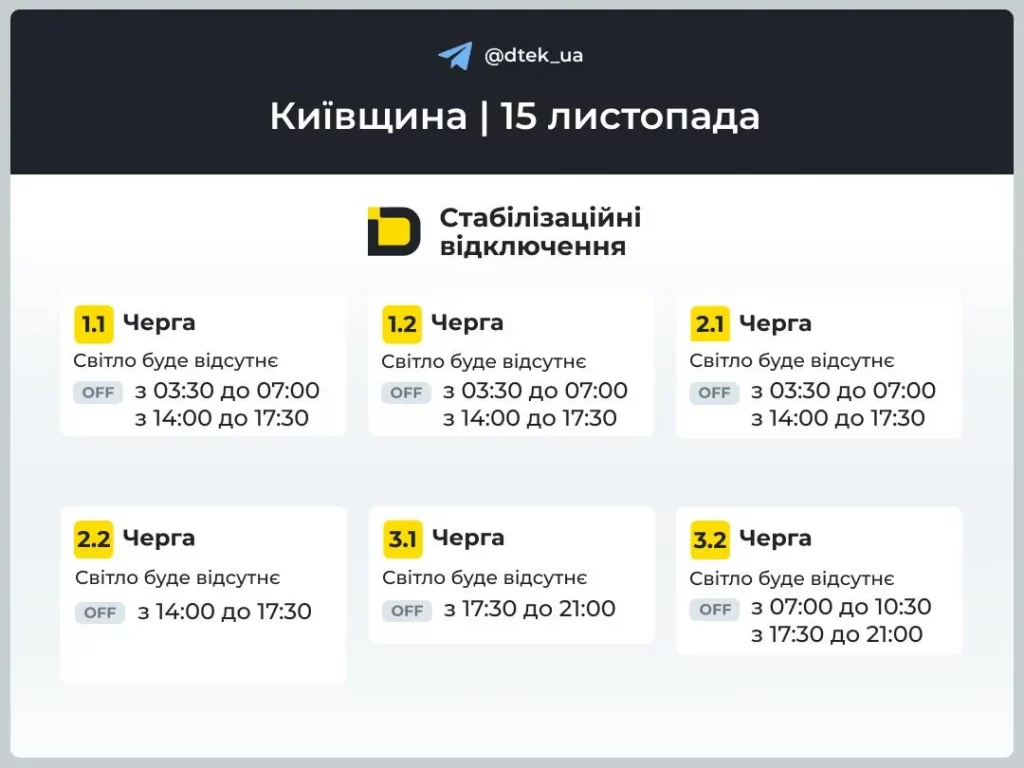 Графіки відключення світла Київ та область 15 листопада: актуальна інформація