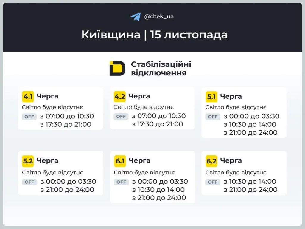Графіки відключення світла Київ та область 15 листопада: актуальна інформація