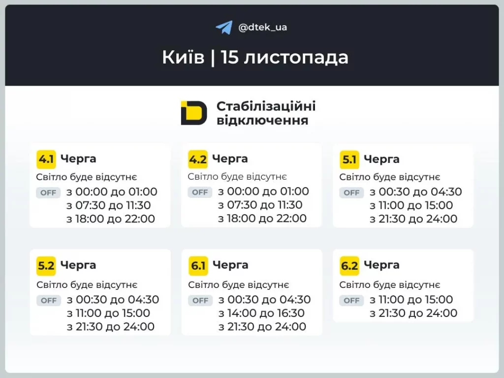 Графіки відключення світла Київ та область 15 листопада: актуальна інформація
