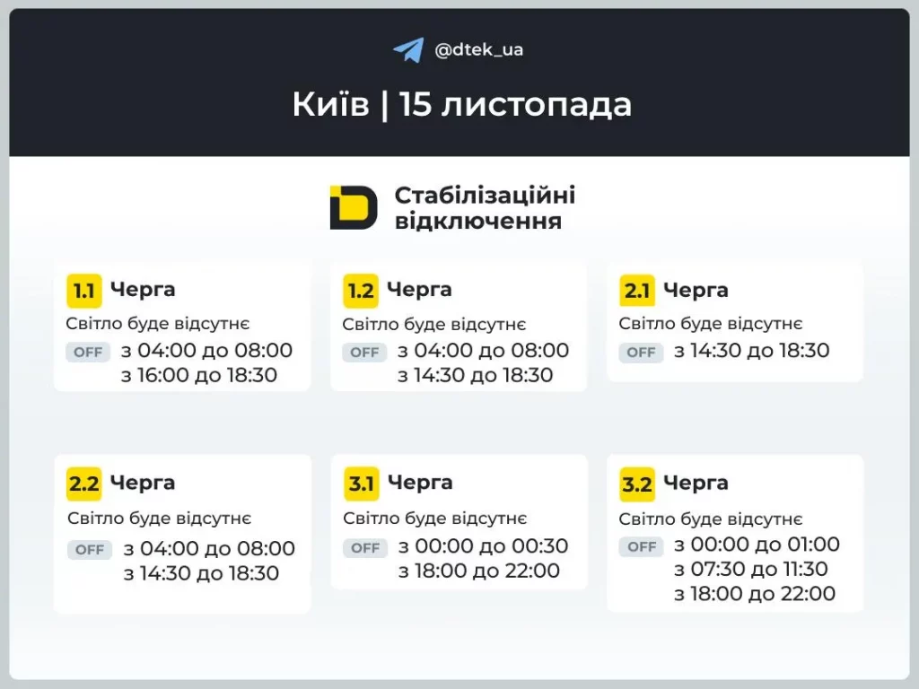 Графіки відключення світла Київ та область 15 листопада: актуальна інформація