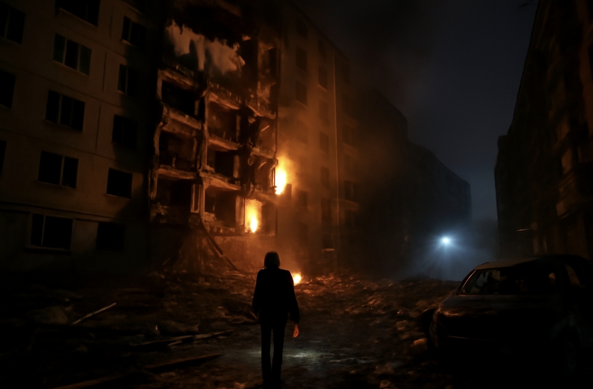 Reuters показав моторошні кадри наслідків нічної атаки в Києві: уламки, вогонь і пошкоджені багатоповерхівки