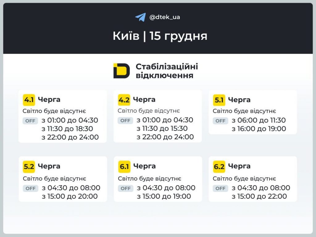 Графіки відключення світла Київ та область 15 грудня: актуальна інформація