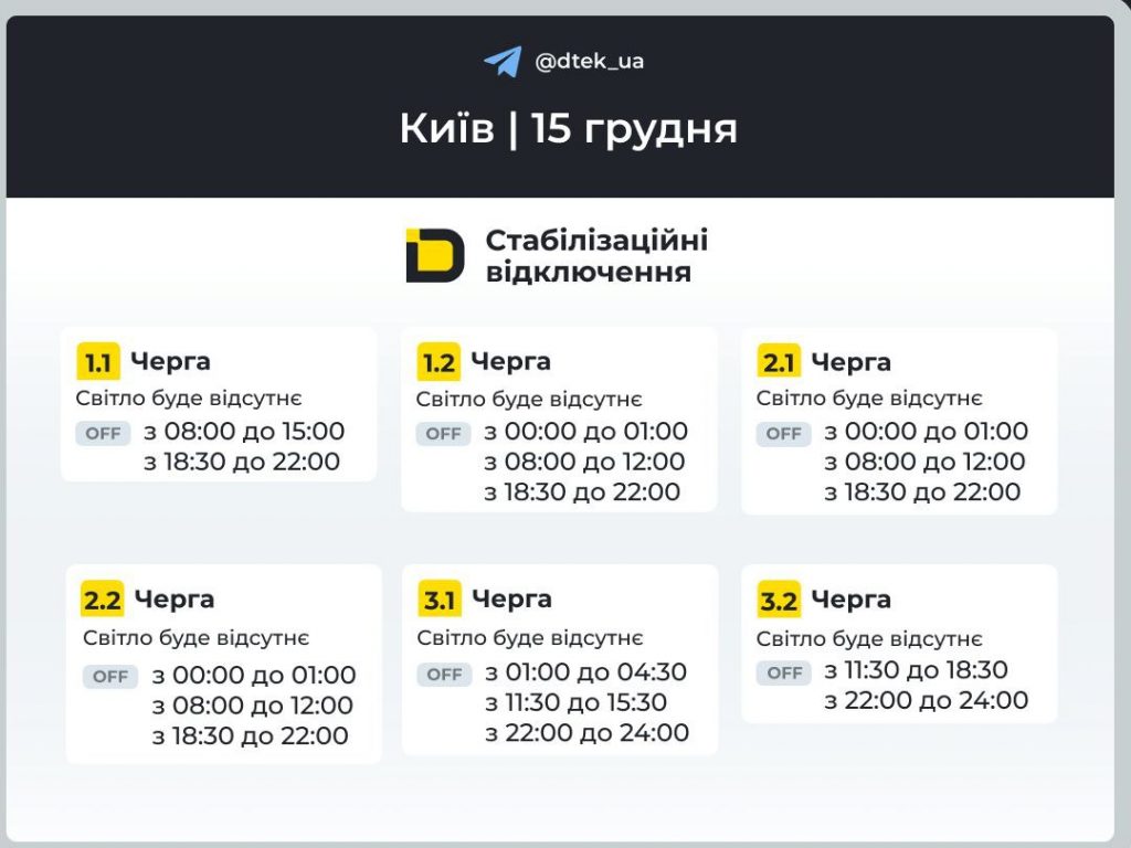 Графіки відключення світла Київ та область 15 грудня: актуальна інформація