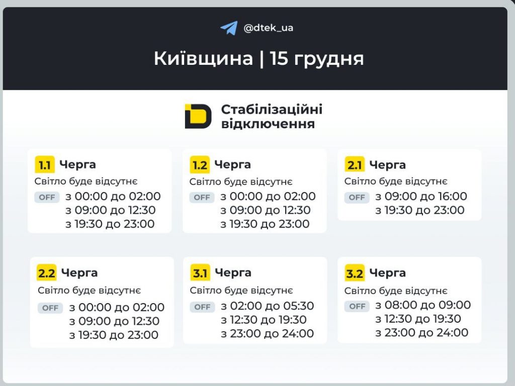 Графіки відключення світла Київ та область 15 грудня: актуальна інформація