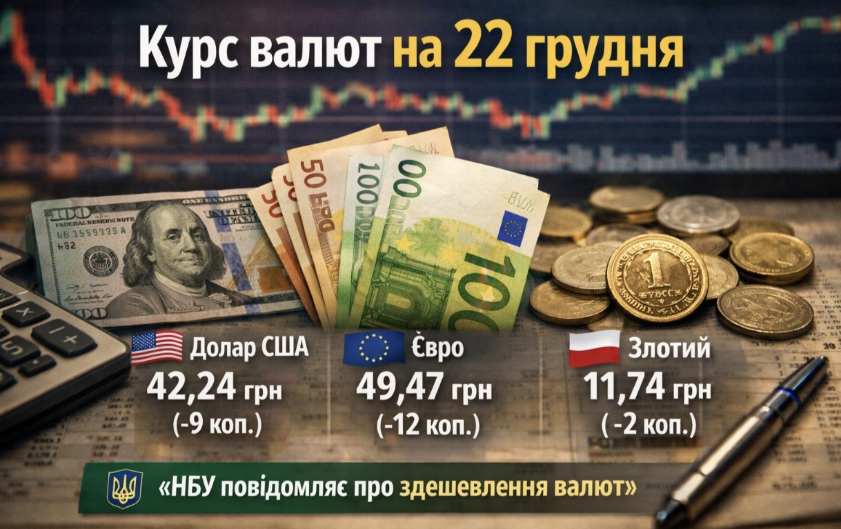 Курс валют на 22.12.2025: скільки коштують долар, євро і злотий