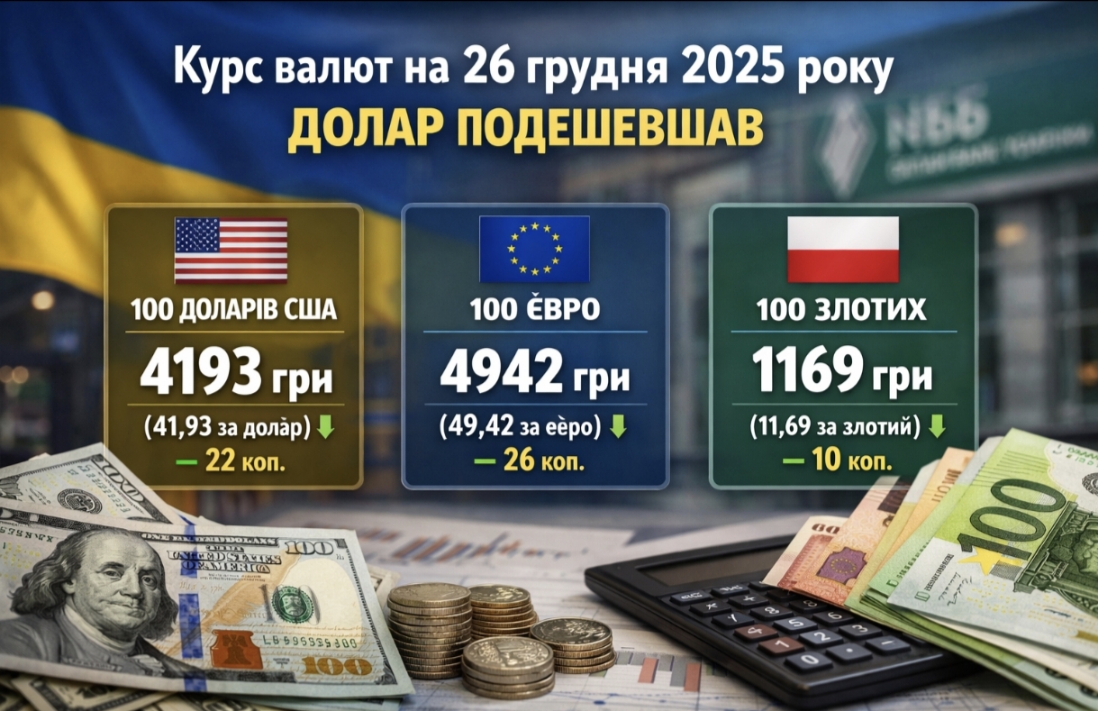Курс валют на 26.12.2025: скільки коштують долар, євро і злотий