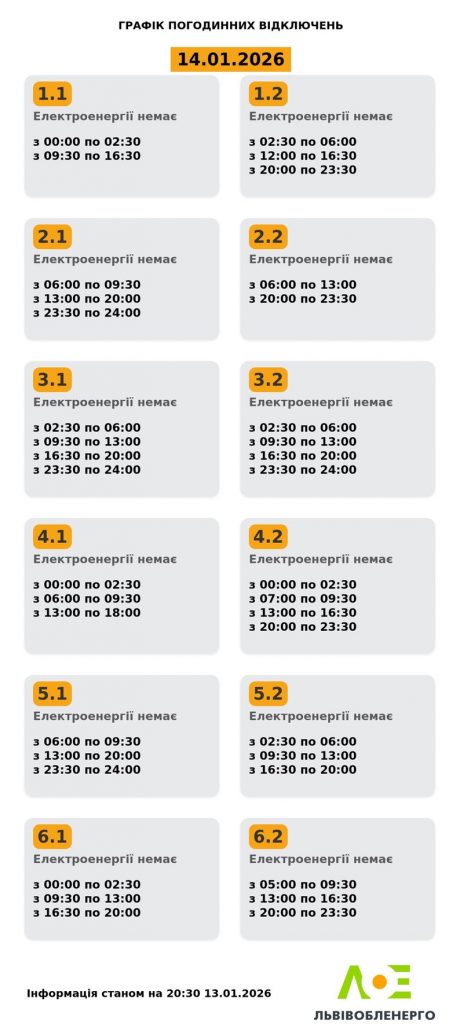 Графік відключень світла Львів 14 січня 2026: де не буде електроенергії сьогодні
