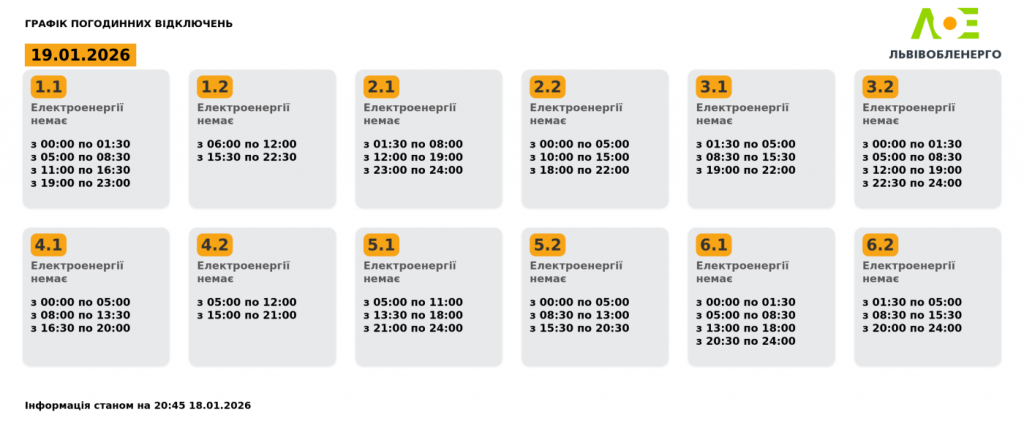 Графік відключень світла Львів 19 січня 2026: де не буде електроенергії сьогодні