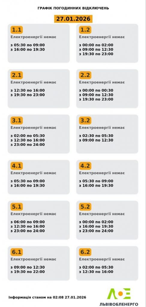 Графік відключень світла Львів 27 січня 2026: де не буде електроенергії сьогодні