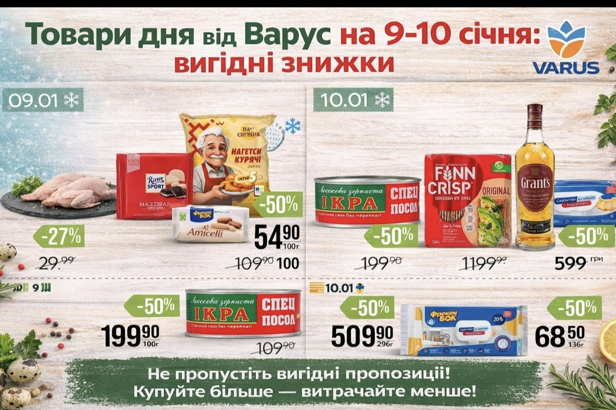 Товар дня в Варус 9-10 січня: які товари можна придбати зі знижкою 50%