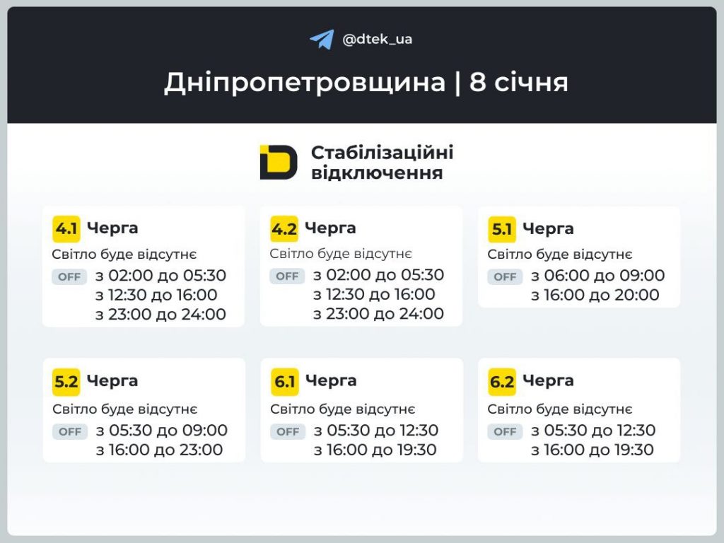 Графік відключень світла Дніпро 8 січня 2026 ДТЕК та ЦЕК: де не буде електроенергії сьогодні