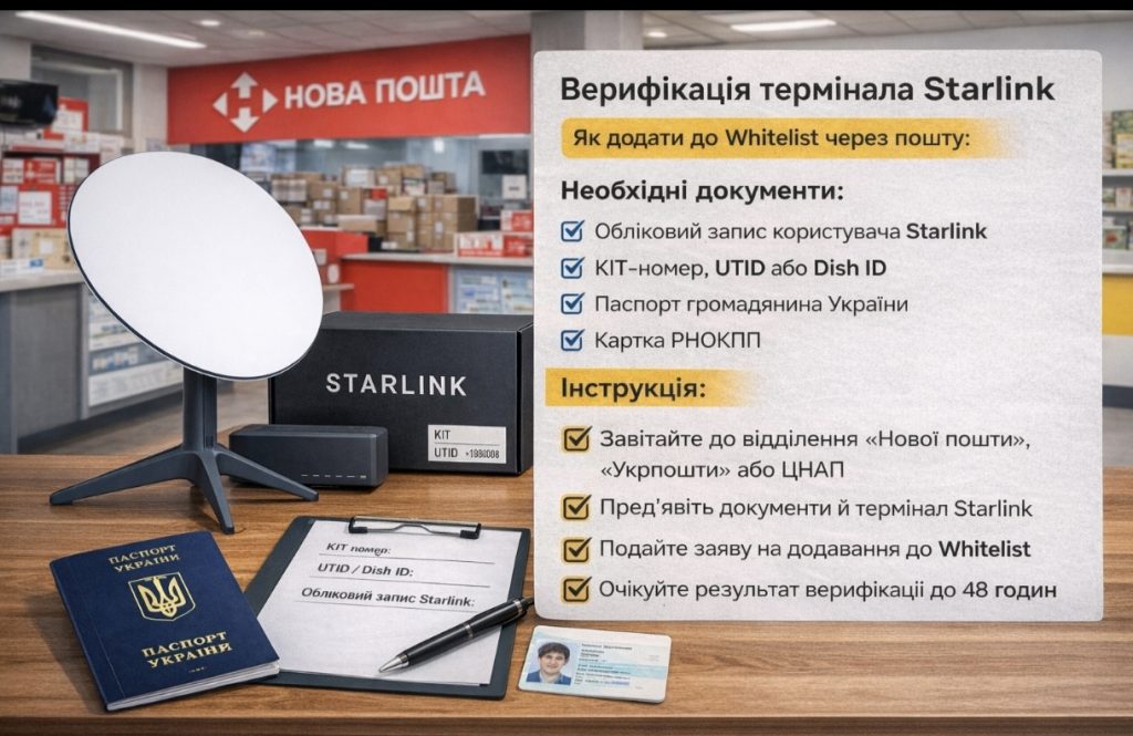 Верифікація термінала Starlink через пошту: умови, перелік документів, строки розгляду заяви в Україні