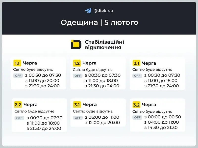 Графік відключень світла Одеса 5 лютого 2026: де не буде електроенергії сьогодні