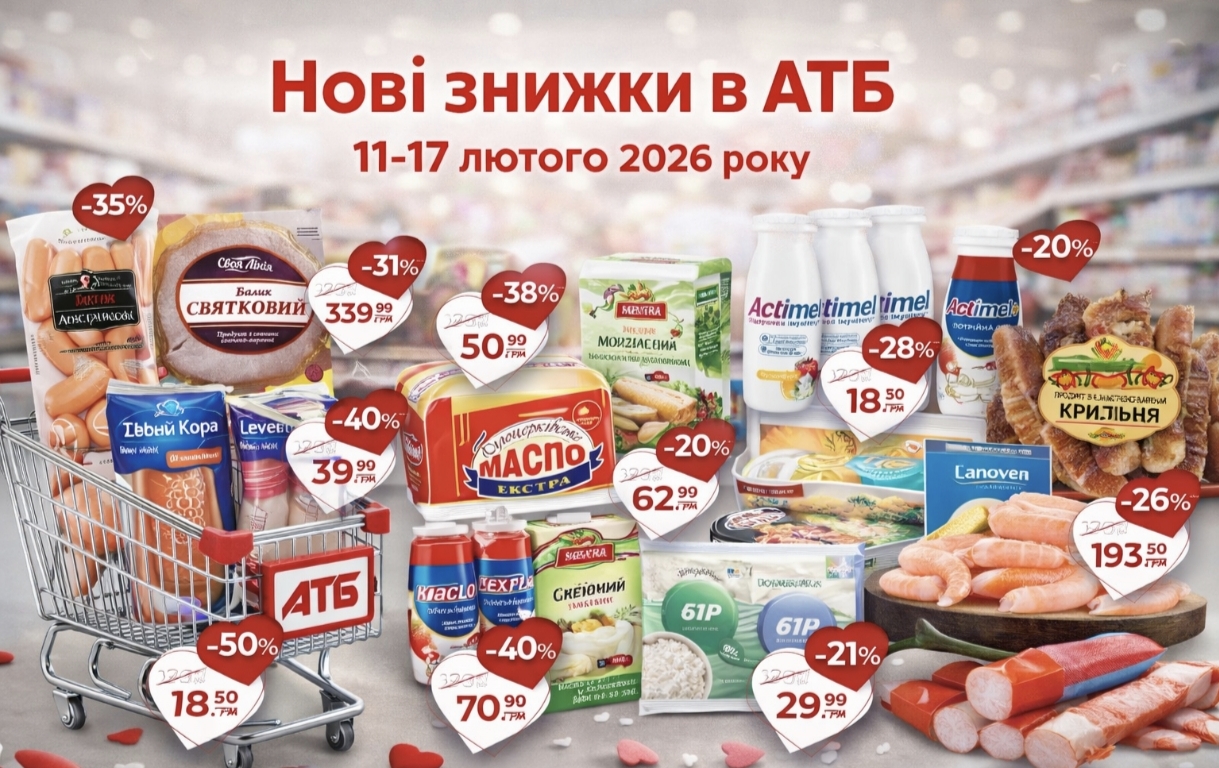 Нові знижки в АТБ з 11 по 17 лютого 2026 року: які продукти подешевшали, повний список акцій та ціни зі знижками до 50%