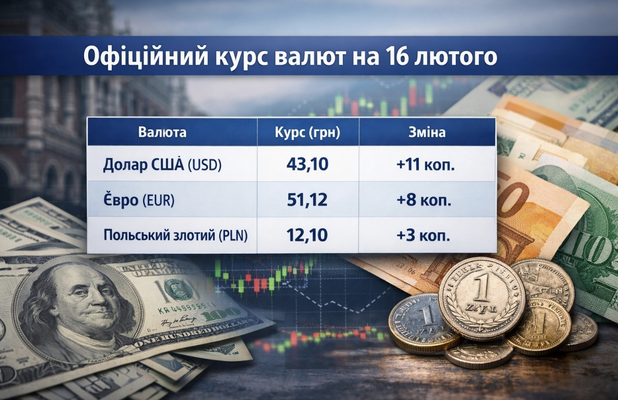 Курс валют на 16.02.2026: скільки коштують долар, євро і злотий