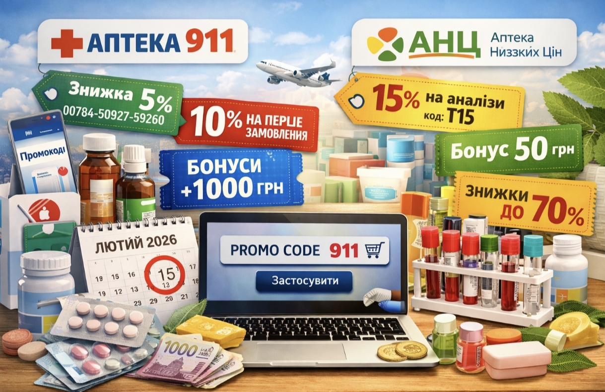 Робочі промокоди Аптека 911 і АНЦ на лютий 2026 — як отримати 5–20% знижки на ліки, косметику та аналізи