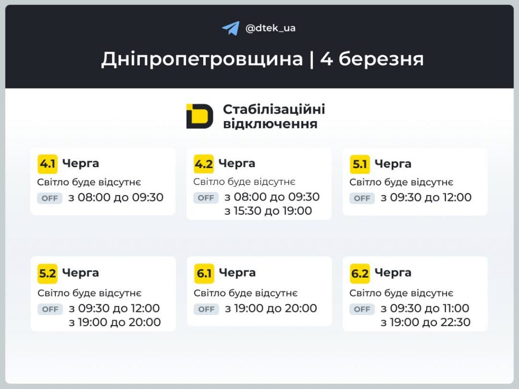 Коли не буде світла у Дніпрі та області 4 березня 2026: графіки відключень