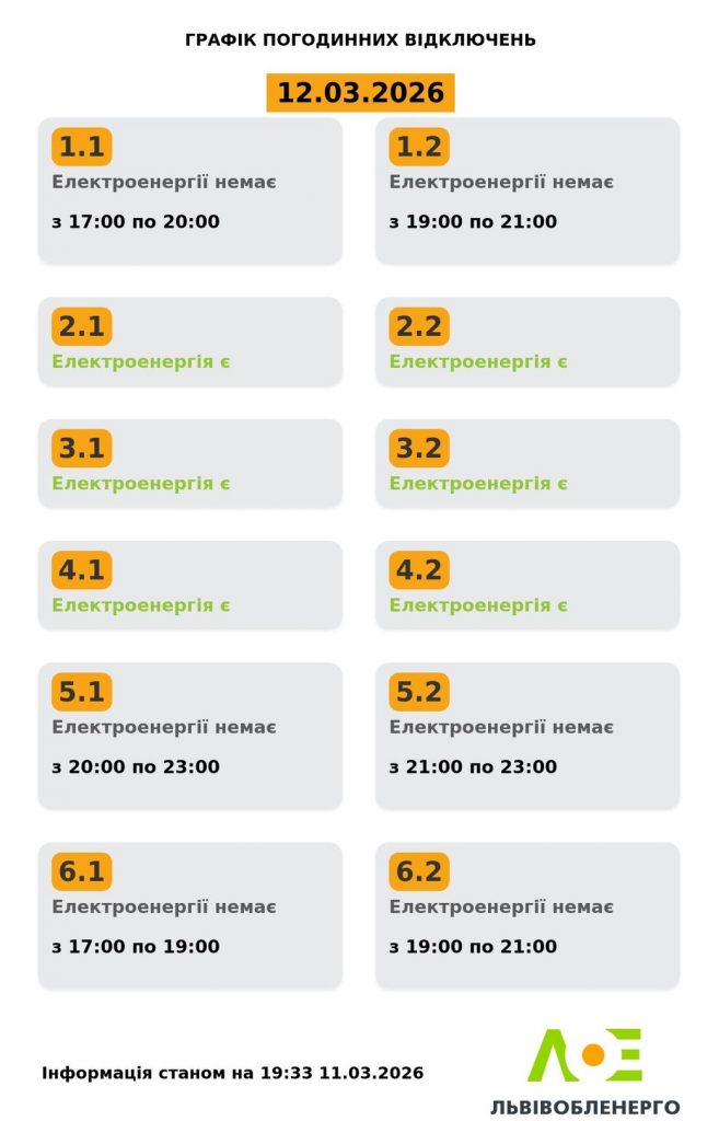 Коли не буде світла у Львові та області 12 березня 2026: графіки відключень