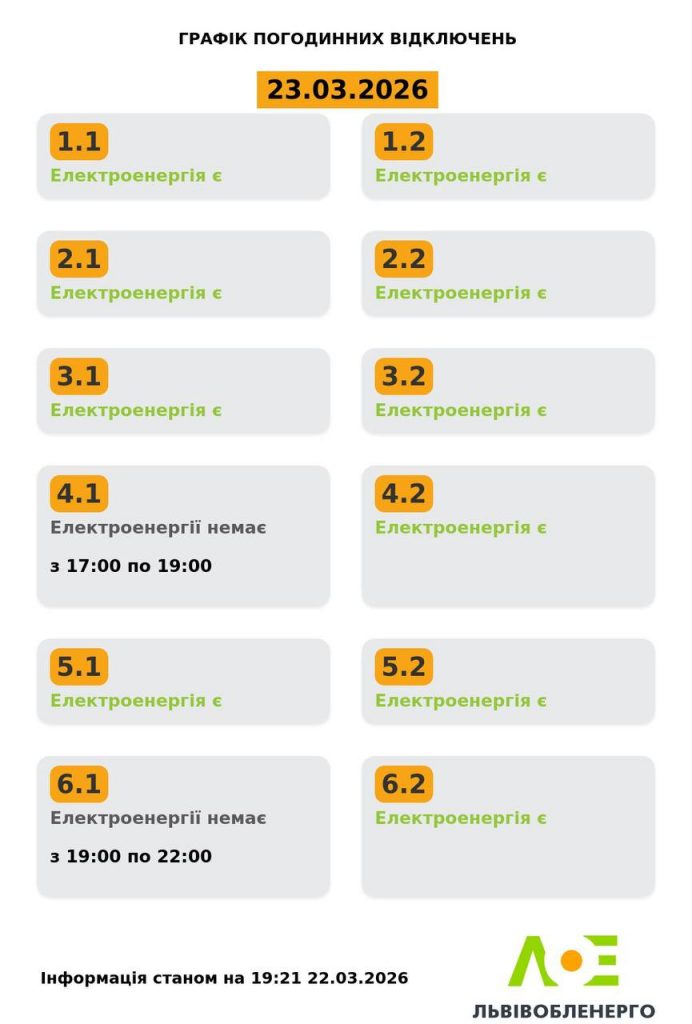 Графік відключень світла Львів та область 23 березня 2026: де не буде електроенергії сьогодні