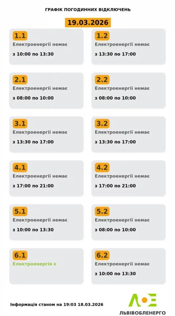 Графік відключень світла Львів 19 березня 2026: де не буде електроенергії сьогодні