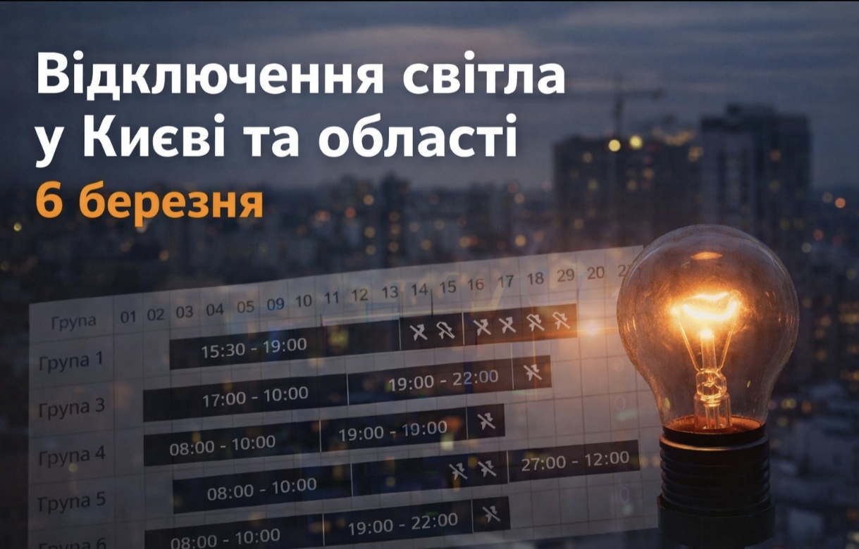 Коли не буде світла у Києві та області 6 березня 2026: графіки відключень