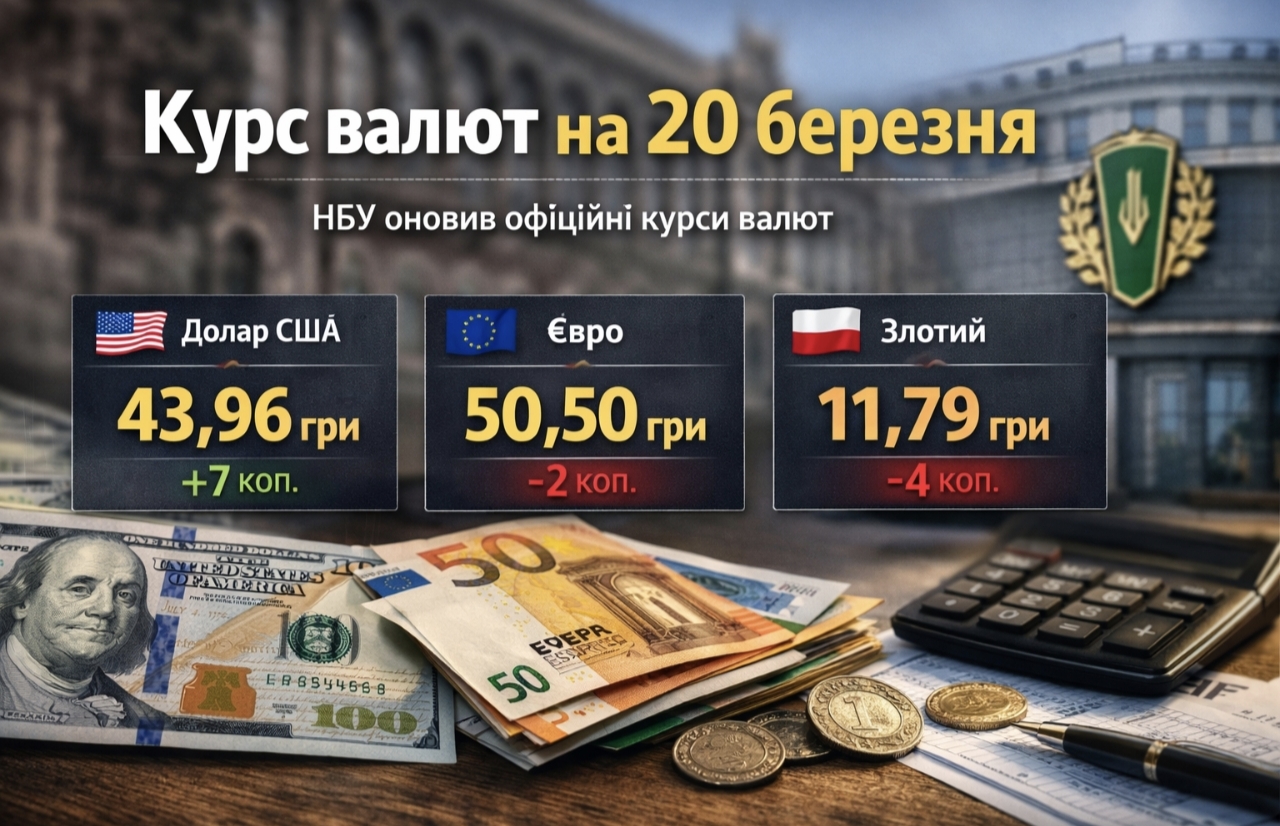 Курс валют на 20.03.2026: скільки коштують долар, євро і злотий