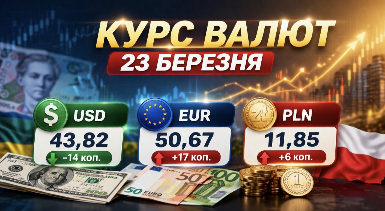 Курс валют на 23.03.2026: скільки коштують долар, євро і злотий
