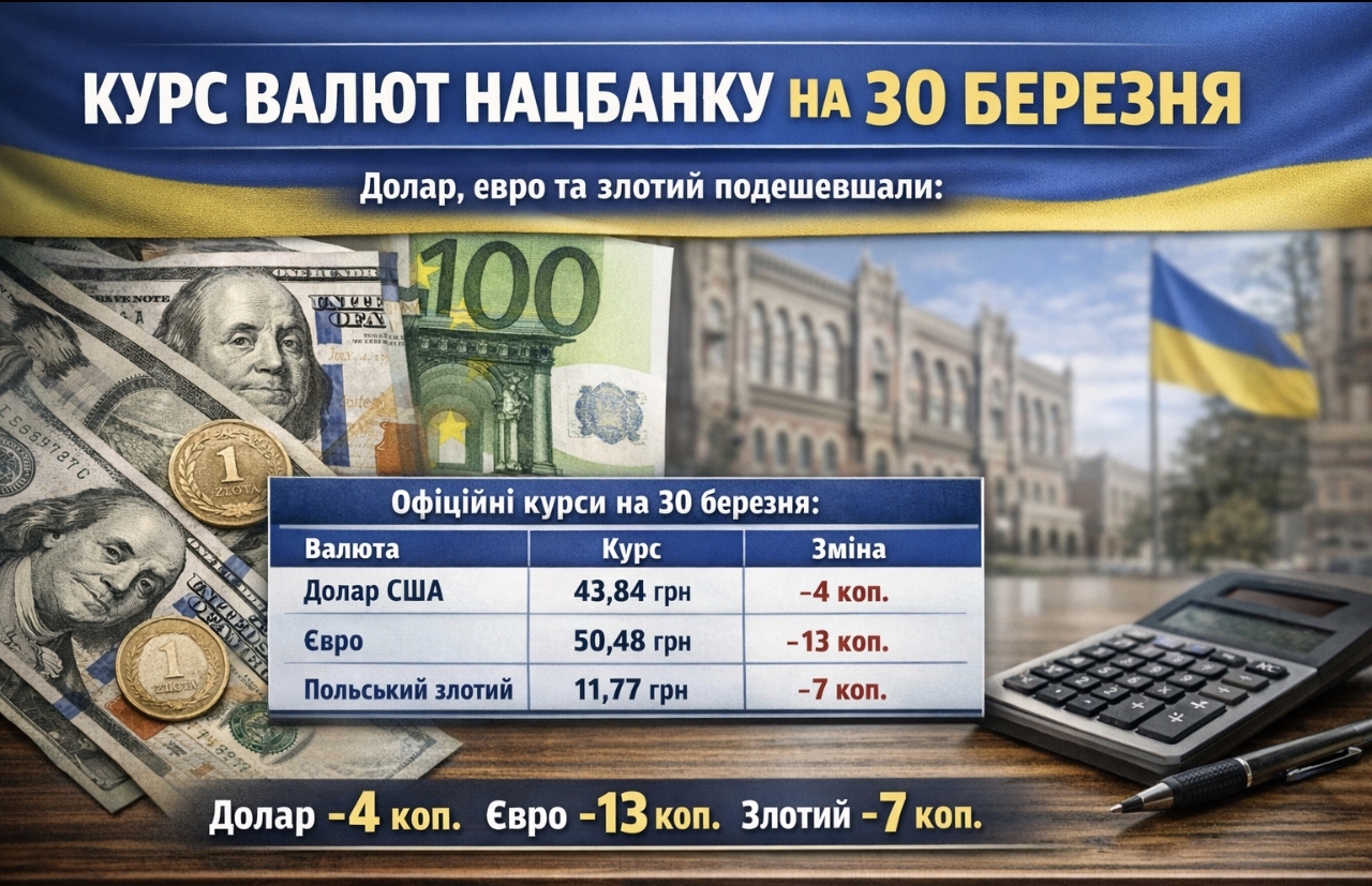 Курс валют на 30.03.2026: скільки коштують долар, євро і злотий