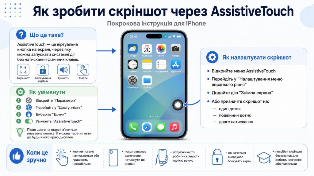 Як зробити скріншот на iPhone у 2026 році: покрокова інструкція з кнопками, AssistiveTouch і Back Tap