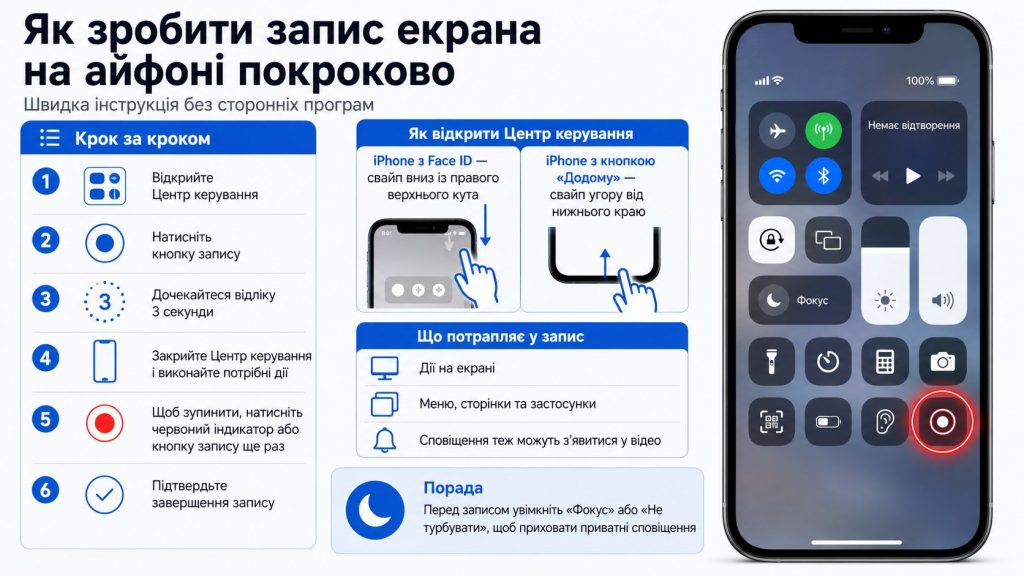 Як зробити запис екрану на айфоні: проста інструкція для iOS 17 та iOS 18