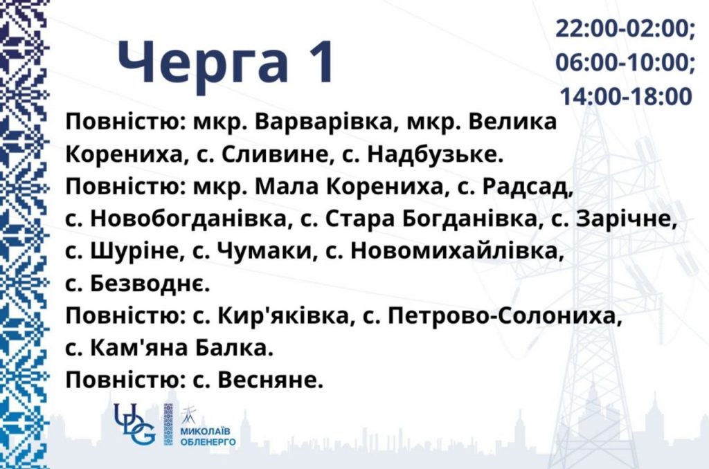 Графік відключень світла Миколаїв та Миколаївська область 1 травня 2026: де не буде електроенергії сьогодні