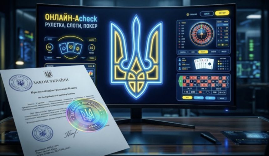 Символіка України у поєднанні з цифровим інтерфейсом казино та офіційним документом — ілюстрація до статті про легалізацію онлайн-казино в Україні 