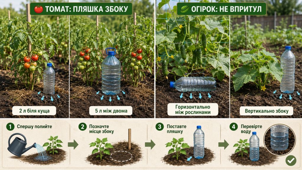 Крапельний полив з пляшок для огірків і томатів: 3 способи, отвори та схема розміщення