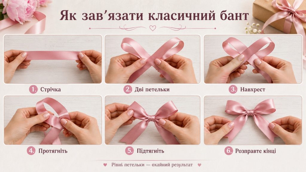 Як зав’язати бантик зі стрічки: класичний, на пальцях, з вусиками і на вилці