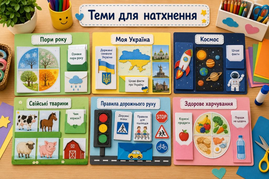 Найзручніші теми для лепбука — ті, де можна додати гру: колесо, картки, загадки або кишеньки з відповідями