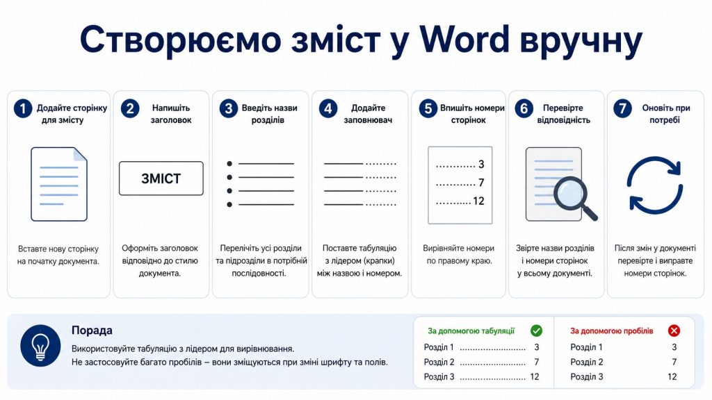 Як зробити зміст у Word автоматично та вручну: покрокова інструкція 2026