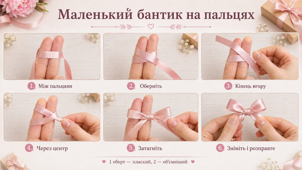 Як зав’язати бантик зі стрічки: класичний, на пальцях, з вусиками і на вилці