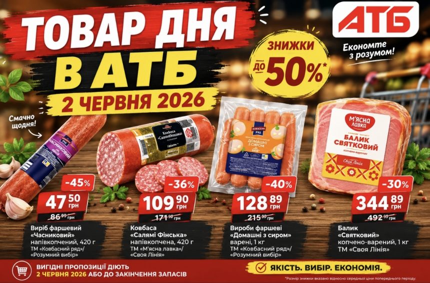 Товар дня в АТБ 2 червня 2026 — що можна купити сьогодні зі знижкою до 50%