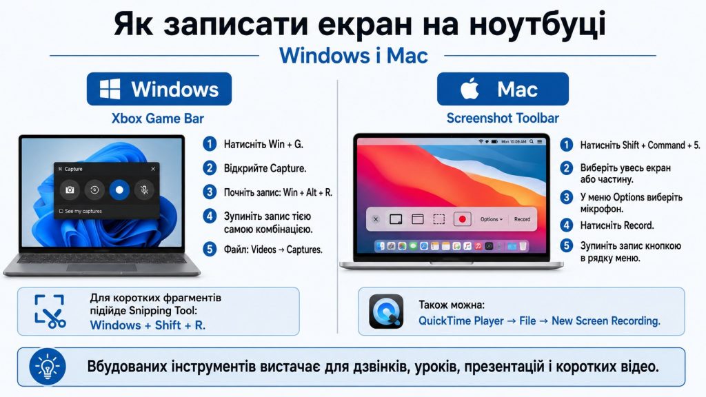 Як зробити запис екрану на телефоні та ноутбуці: повний гайд для iPhone, Android, Windows і Mac