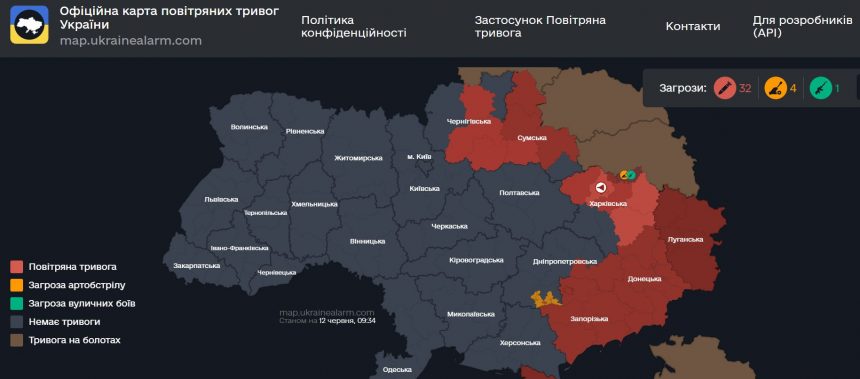 Повітряна тривога в Україні 12 червня 2026: онлайн-карта сирен у режимі реального часу