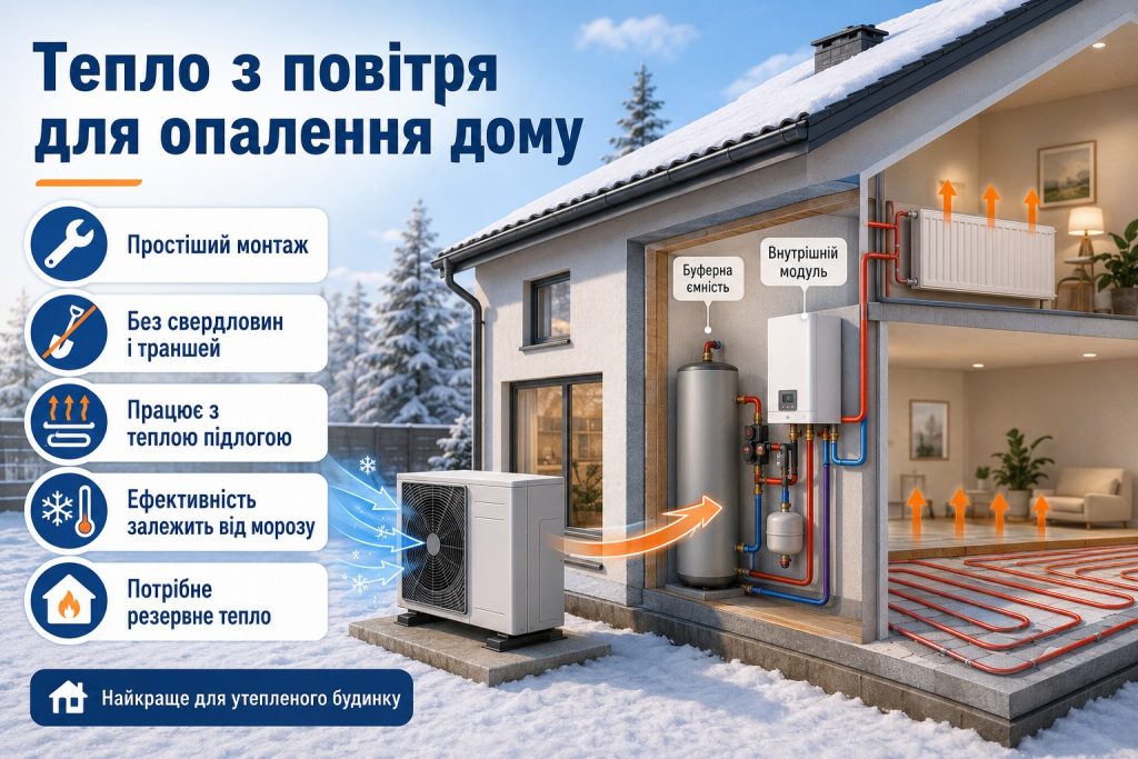 Як працює тепловий насос для опалення дому: типи «повітря-вода» і «земля-вода», COP та окупність у 2026 році