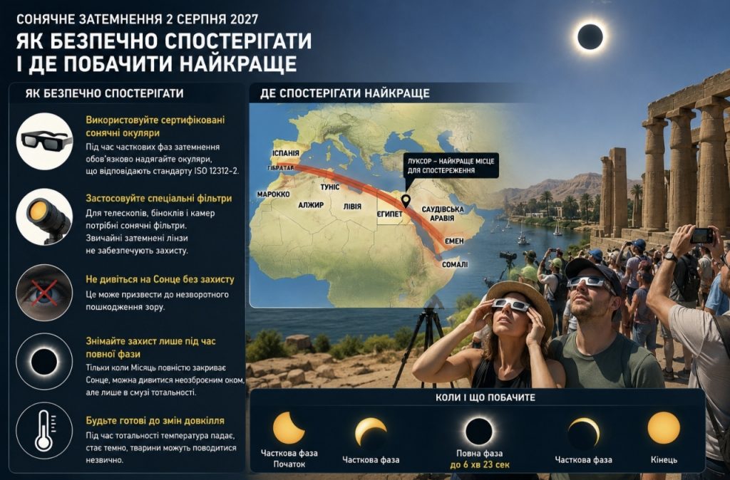 Сонячне затемнення 2 серпня 2027 року: де буде видно, скільки триватиме і чому день перетвориться на ніч