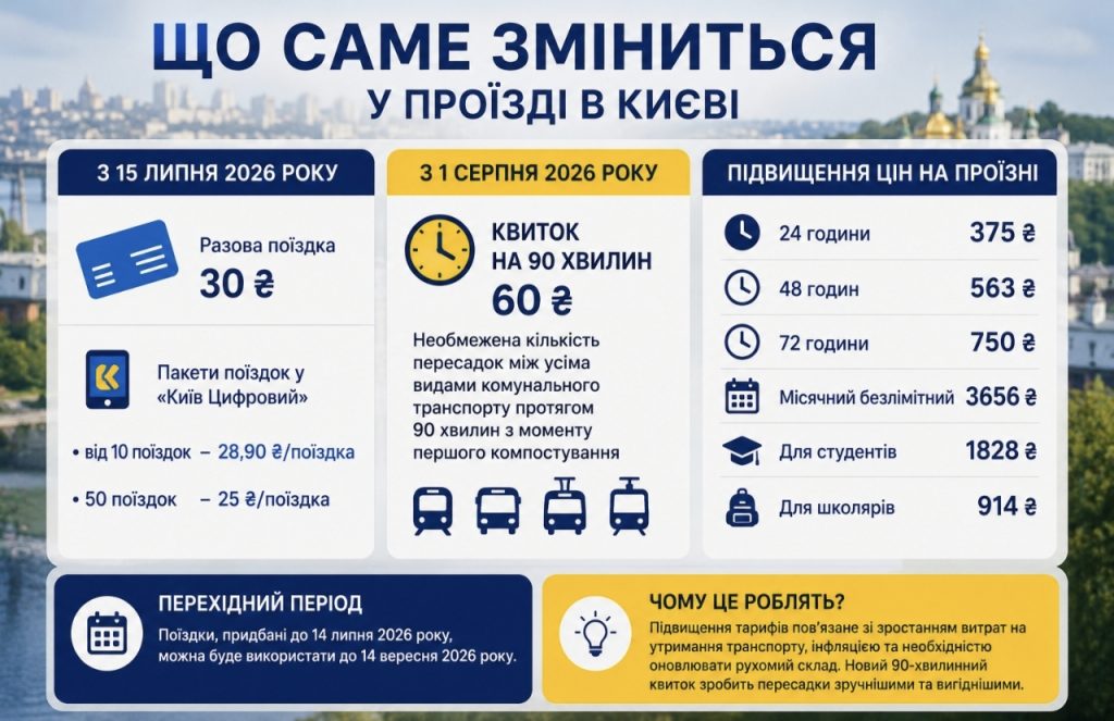 У Києві вводять квиток із пересадками — що зміниться після підвищення вартості проїзду