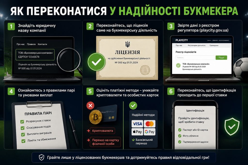 Легальний букмекер має мати українську ліцензію, прозорі платежі та обов’язкову ідентифікацію до першої ставки