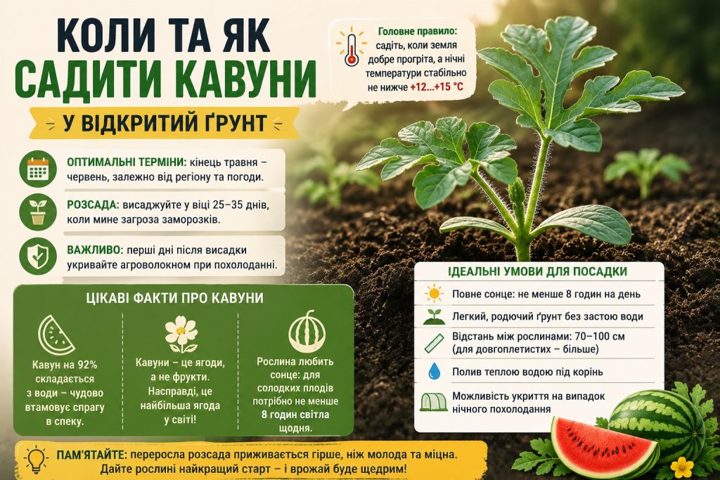 Кавуни на розсаду та у відкритий ґрунт: календар посадки на 2026 рік