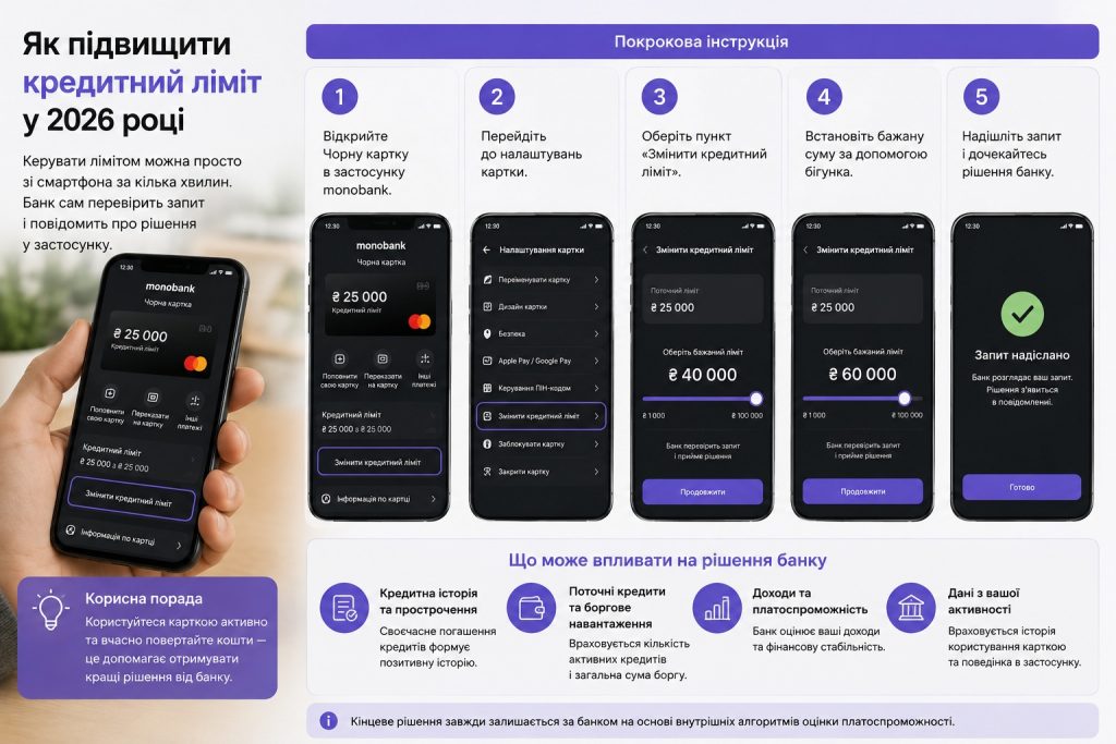 Кредитний ліміт Monobank 2026: пільговий період, відсотки, як збільшити та погасити