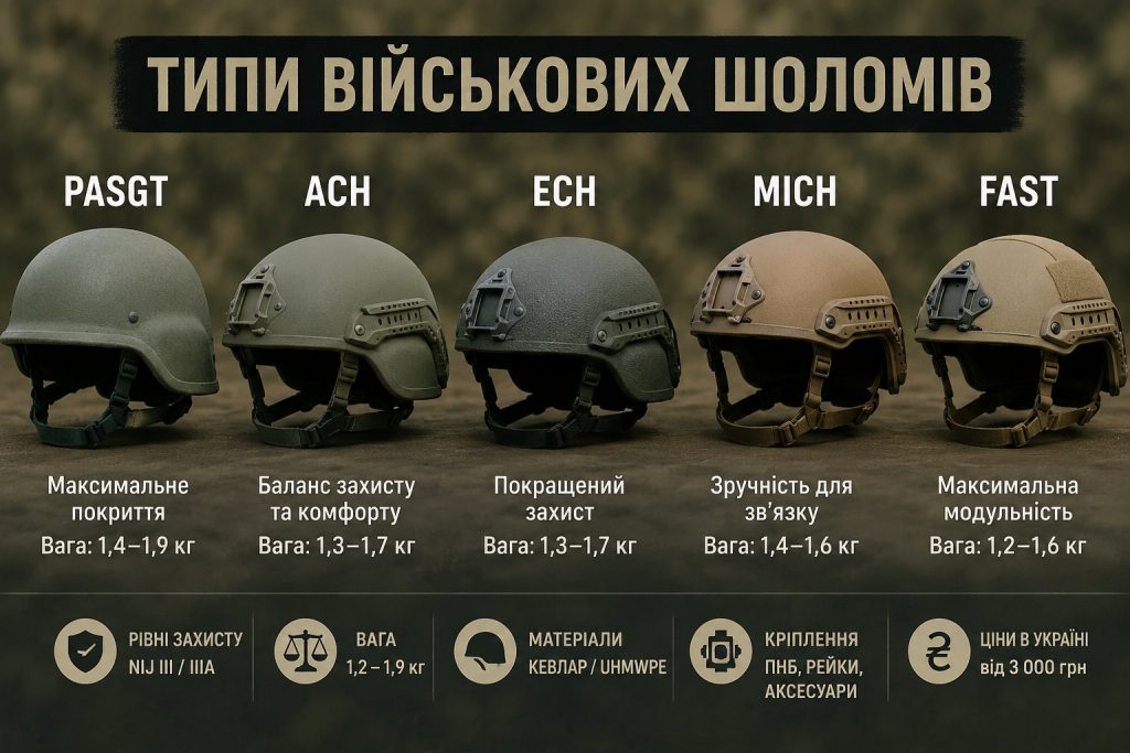 Військові шоломи 2026 року: типи PASGT, ACH, ECH, MICH і FAST, рівні захисту та ціни